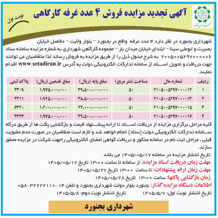 تجدید مزایده فروش 4 عدد غرفه کارگاهی